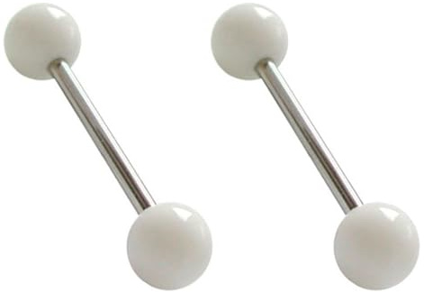 2 piercing lingua barbell con 2 sfere bianche, materiale anallergico, lunghezza 16 mm e spessore 1,6 mm.
