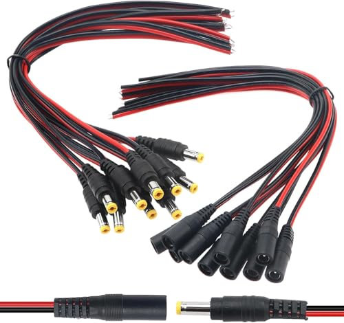 Duluok Set di 10 paia 5,5 x 2,1 mm DC Alimentazione Pigtail Cavi, 27 cm Pigtail di Alimentazione Cavi Nucleo in Rame Puro DC 12 V 2 A Connettori Maschio e Femmina per Sicurezza Domestica CCTV