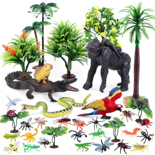 SIENON 39Pcs Rainforest Animal Figures Toys, Wild Creatures Model with Gorilla Parrot Crocodile Capybara Anaconda Snake Insects Trees Playset for Kids Diorama Project Birthday Cake Toppers Party Décor