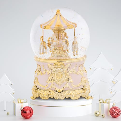 Carousel Music Box Gold Pink Christmas Snow Globes, 7.1 Glass Rotate Carousel Snow Globe for Kids & Adults, Classic Wind up Musical Snow Globe Valentines Day Gifts, Carousel Horse Home Decor