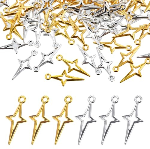 Xinjoduz 120 PCS Gold & Silver Star Charms for Jewelry Making, Star Pendant Charm Mini Jewelry Making Pendants Hollow Four Pointed Stars Charms for Bracelets Necklace Earrings DIY Craft Supplies