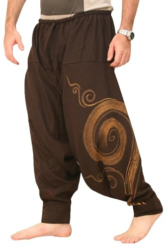 Geagodelia Pantalon Kung Fu Sarouel pour Homme Pantalons Harem Ample Motif Rune Streetwear Élastique Fluide Confort Japonais Hip Hop Taille Élastique (Brun, L)