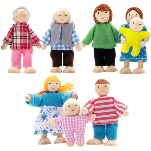 APRRMLIZW Felice Famiglia Di Bambole Di Legno Set, 8 Pezzi Casa Delle Bambole In Finta Accessori Di Legno Piccole Dollhouse Famiglia Persone Figure Per Finta Casa Delle Bambole Accessori Regalo