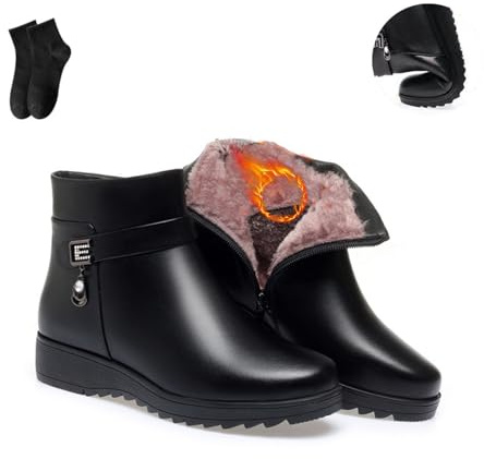 POIOZXD Women's Genuine Leather Wool Orthopedic Boots, Solid Color Winter Snow Platform Leather Boots, Waterproof Lined Side Zipper Flat Ankle Booties (Black,6)