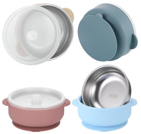 TranRantic 4 Stück Edelstahl Schüssel Kinder mit Saugnapf, Rutschfest Edelstahl Breischale Kinder mit Deckel, BPA-Frei Rdelstahlschüssel für Brei und Snacks(4 Farbe)
