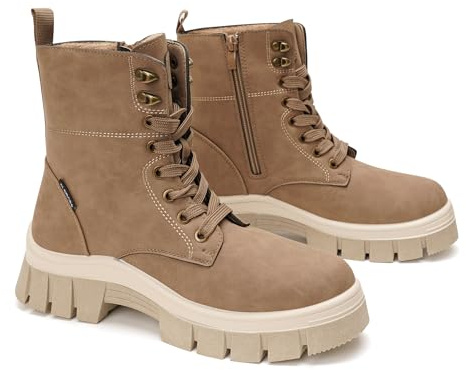 GLAMORA Botines mujer tipo militar de caña media con cordones y cremallera lateral, diseño urbano de invierno con suela track antideslizante y plataforma cómoda para uso diario, trabajo y paseos
