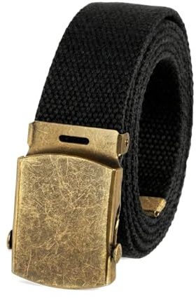 BC Belts Canvas Web Belt Military Style with Antique Brass Buckle and Tip 54 Long (Black)