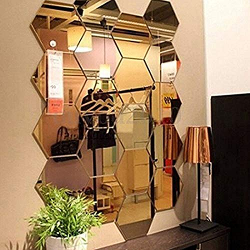 Manco Luella 12 Pcs Acrylic Mirror Wall Stickers Hexagon Plastic Wall Stickers for Home Decor Living Room Bedroom Over Sofa or TV Gold