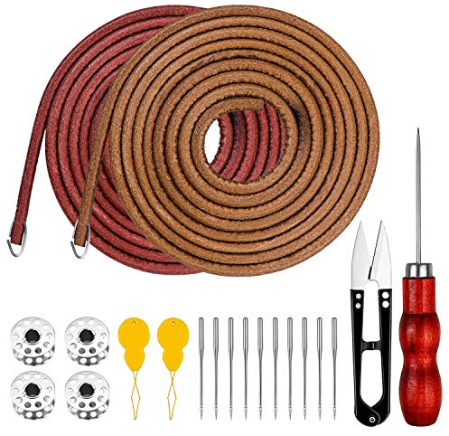 Homgaty Macchina da Cucire Cintura,183CM * 5.5MM 2 Pezzi Cintura in Pelle per Macchina da Cucire con 4 Bobine Macchine per Cucire, 2 Infila Ago, 10 Aghi Cucito, 1 Punteruolo e Cucito Forbici