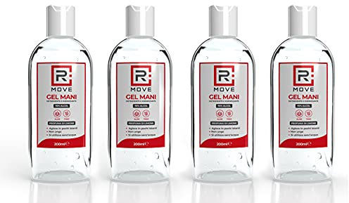 RMOVE 4 flaconi da 200ml gel igienizzante mani 70% ALCOL Gel mani profumato al limone arricchito con olii essenziali di Aloe e Timo, Gel tascabile da viaggio (Flaconi da 200ml 70% alcol, 4)