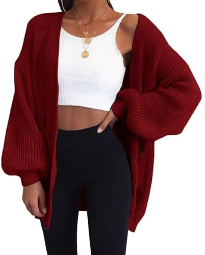 Onsoyours Gilet Long Femme en Tricot Cardigan Veste Ouvert Épais Manches Longues Pull Gilet Chaud Casual Grosse Maille Manteau Sweater Hiver Chandail Outwear Rouge M