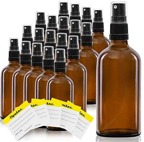 Oputec 20 x 100 ml Sprühflaschen aus Glas mit Zerstäuber + 20 Beschriftungs-Etiketten - Braunglasflaschen mit feinem Sprühkopf - Kleine Pumpspray-Flasche