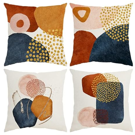 QUALKNOY Set of 4 Velvet Cushion Covers 45x45 cm, Burnt Orange Abstract Art Modern Decorative Throw Pillow Cases 18x18 inches for Living Room Sofa Garden Outdoor Courtyard Decor Pillowcases