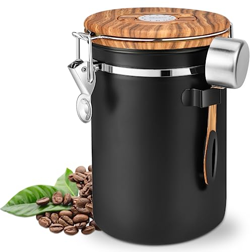 Royouzi RéCipient à Café En Acier Inoxydable 304 Avec Valve D'éChappement, RéCipient RéUtilisable Avec CuillèRe Doseuse, Verre D'éTanchéIté Multifonction Pour Le Bureau à Domicile (Noir)