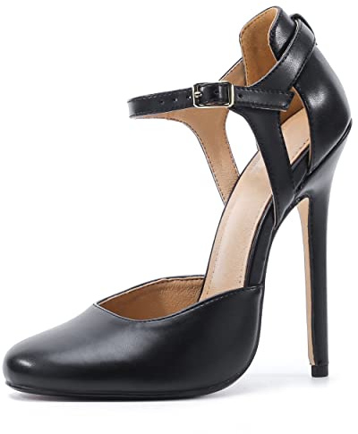 Yinghesheng Femme Escarpins 15cm Talon Aiguille Sandales Patent Cuir Talons Hauts Bride Cheville Boucle High Heels,Noir,47 EU