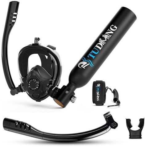 TUDIVING-0.5L Set bombola per immersioni subacquee, mini bombola di ossigeno con maschera da snorkeling integrale, kit da viaggio portatile per immersioni (S200Plus Black-A2)