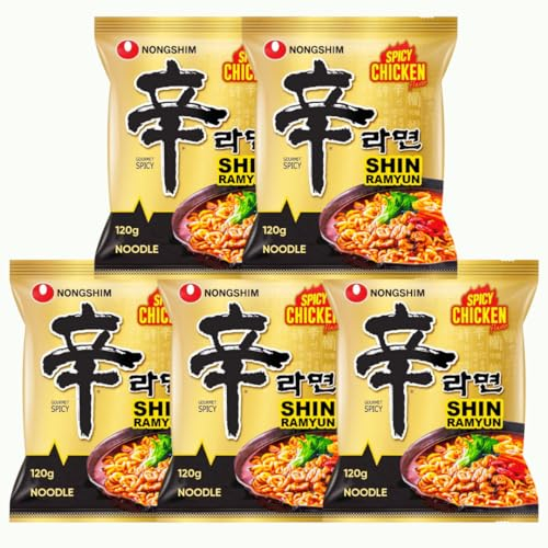 Nongshim Shin Ramyun Korean Spicy Instant Ramen Noodle - Spicy Chicken Flavour 120g (Pack of 5)