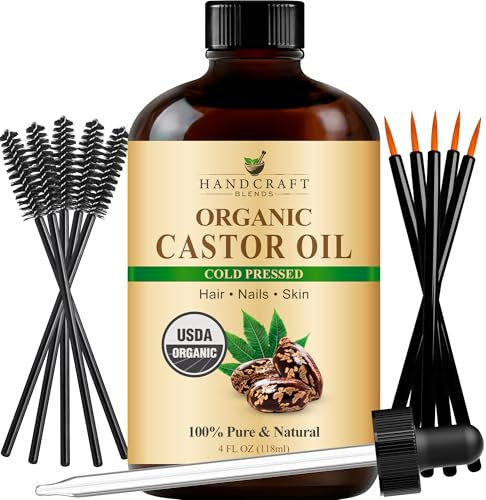 Handcraft Blends Olio di ricino pressato a freddo biologico in bottiglia di vetro con spazzole per ciglia - 118 ml - 100% puro e naturale - Olio vettore di qualità premium per la crescita dei capelli
