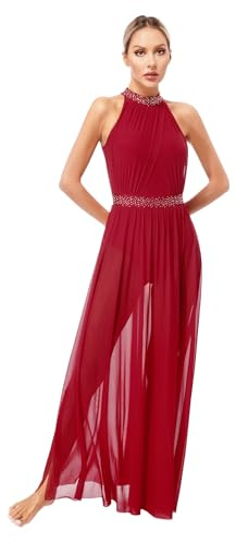 winying Donne Lyrical Dance Costume Strass Lungo Balletto Abito Da Danza Maglia Tulle Vestito Maglia Vestito Pattinaggio su ghiaccio Balletto Abbigliamento Moderno, bordeaux, S