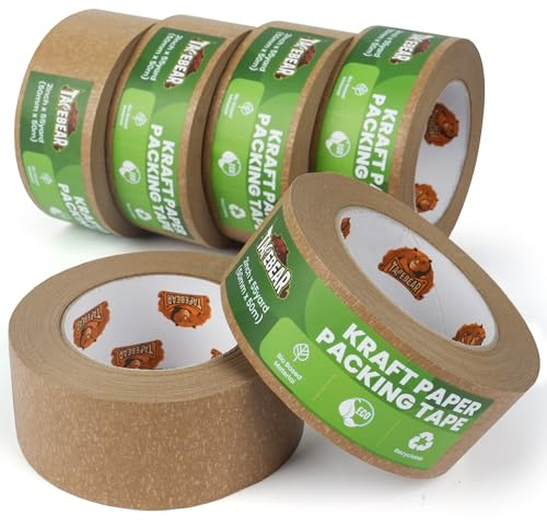 TAPEBEAR Kraft Paper Packing Tape 50mm x 50m, Eco Friendly & Recyclable Brown Paper Tape Heavy Duty Parcel Tape Biodegradable for Parcel Packaging, Moving and Multi-use, 6Rolls