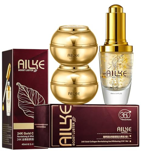 AILKE Collagen 3 In 1 Face Care Set, With Day & Night Facial Cream, Whitening Serum, Lightening, Remove Black Spots, Pigmentation, Clean Skin, Nourishing