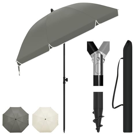Laneetal Ombrellone da Spiaggia φ175 cm, Ombrellone con Protezione UPF 50+, Portatile Regolabile in Altezza e Inclinazione, Borsa per Trasporto, per Balcone/Giardino/Spiaggia, Grigio Scuro