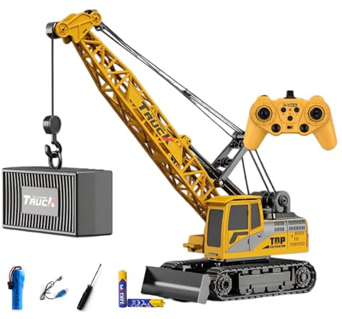 Ezweiji Gru Telecomandata Bambini, Camion Gru 11 Canali Veicolo da Cantiere RC 1:20 con Gancio e Rotazione 360°, Giocattolo Auto Radiocomandata con Luce e Suono, Regalo Bambini 3-8 Anni