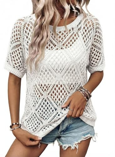 Dokotoo Womens Summer Short Sleeve Knit Sweaters Crochet Tops for Women Lightweight Casual Off the Shooulder Top Boho Solid Beach Vacation Clothes Fashion Hollow Out Cruise Outfits White M