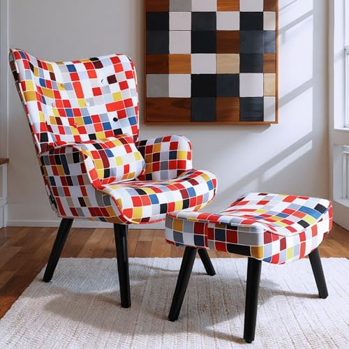 HomeMiYN Armchair with Footstool Accent Chair Single Sofa Chairs with Ottoman and Pillow Fabric Upholstered High Back Armchairs Lounge Chair for Living Room Reading Bedroom Colorful Mosaic