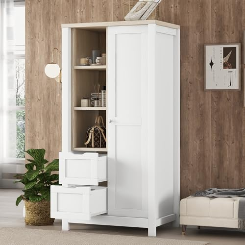 HKPATHOPE White Bedroom Storage Wardrobe Featuring Sliding Doors, Hanging Rods, 2 Drawers, and Open Shelves