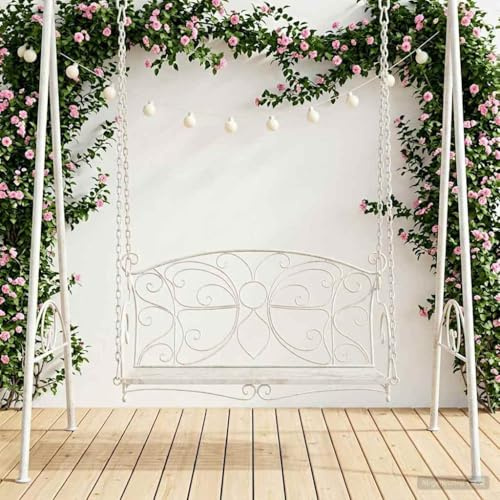 LoogCape Banc à bascule en acier robuste - Blanc vieilli - 105,5 x 61 x 56 cm - Pour jardin, terrasse, balcon, véranda, salon d'extérieur résistant aux intempéries - Avec coussin rembourré confortable