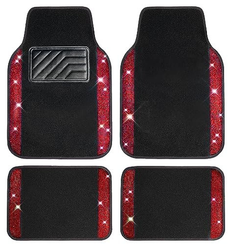 CAR PASS Set completo di 4 tappetini per auto in pelle e strass, colore: nero e rosso