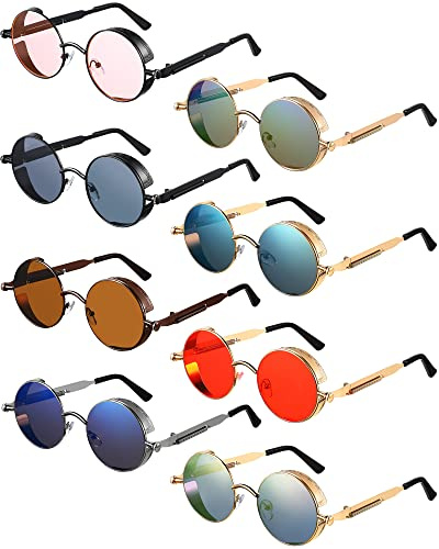 Coume 8 Pcs Retro Round Steampunk Sunglasses Gothic Sunglasses Hippy Glasses Circle Metal Frame Glasses for Men Women(Fresh Colors)