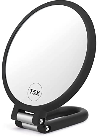 CLSEVXY Magnifying Handheld Mirror Double Sided, 1X 15X Magnification Hand Mirrors, Travel Folding Hand Held Mirror, 360°Rotation Pedestal Makeup Vanity Mirror