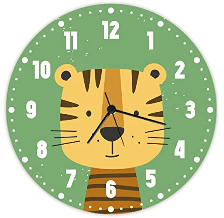 GRAVURZEILE Wanduhr Kinder Tiger Motiv - Lautlose Kinderwanduhr geeignet für Mädchen & Jungen - Bunte Lernuhr für Kinder 30 cm - Einfaches Ablesen der Uhrzeit Lernen - Farbenfrohes Tiger Design