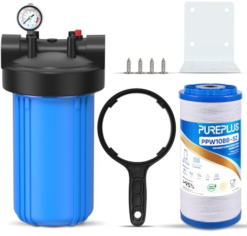PUREPLUS 1-Stage Whole House Water Filter, with Iron Manganese Reducing Water Filter, 10x4.5 Cartridge Universal Housing, Pre-Filtration System for Well Water, 1 NPT Port, Pressure Release
