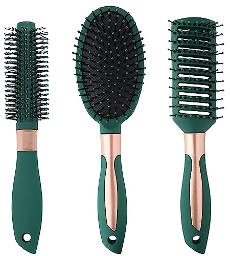 3 Stück Haarbürsten Set Haarkamm Ohne Ziepen Detangler Entwirrbürste Antistatik Fohnen Ventbürste Rundhaarbürste Oval Paddelbürste für Welle Locken Trockenes Haarpflege Damen Herren Grün