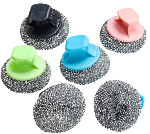 Orrdiffi 6 Stück Edelstahl Stahlschwammmit Set,Metalltopfkratzer,Topfreiniger Edelstahl Mit Griff für Reinigungswerkzeuge-Restaurant,Küche,Spülen,Topf Pfanne,Grills und Backofen