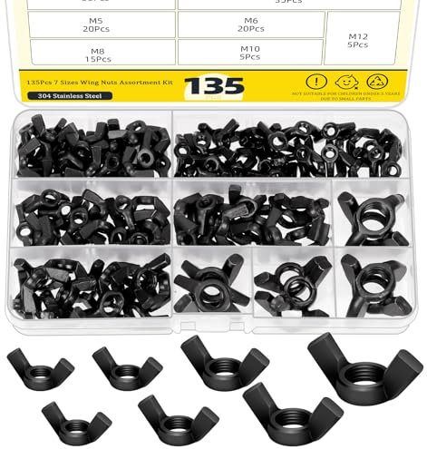 Mardatt 135 Stück Metric Wing Nuts Flügelmuttern, Flügelmuttern aus Kohlenstoffstahl, M3 M4 M5 M6 M8 M10 M12