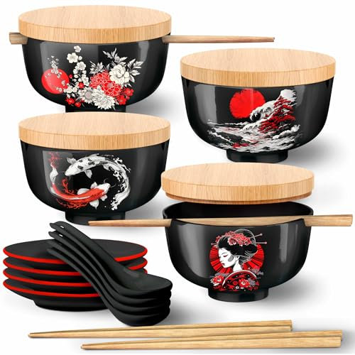 i2 Home Japanese Ramen Bowl Set of 4-20 Pcs, 32 Oz Ceramic Microwaveable & Dishwasher Safe Large Noodle Bowls with Lid & Built-In Chopstick Holder, Pho, Udon, Thai, Korean, Rice - 6.5 Inch