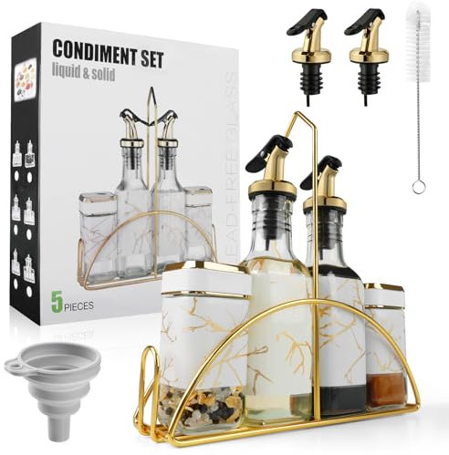 Bouteille Huile Et Vinaigre 200ML*2 & Pot a Epices 120ML*2, Set Huile & Vinaigre 5 en 1, Distributeur de Poivre avec Entonnoir & Brosse dure(Film Plastique)