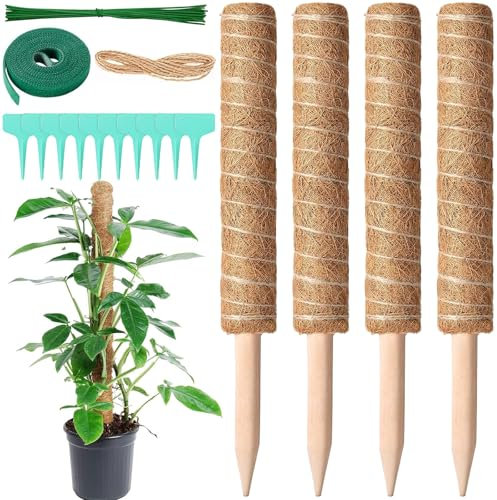 YOUNGSAY Lot de 4 tiges de mousse de 42 cm en coco Monstera avec 10 étiquettes pour plantes + 20 attaches de fil de fer + 2 serre-câbles + 2 m de corde de chanvre pour monstera, mousse de tourbe