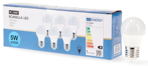 M Ledme - Pack 6, Bombilla Led E27 G45 5W, Luz fría (6000k), casquillo E27, 450 Lumen, IP20, Apertura del Haz de Luz 200°, Eficiencia energética y Bajo Consumo. LM7602