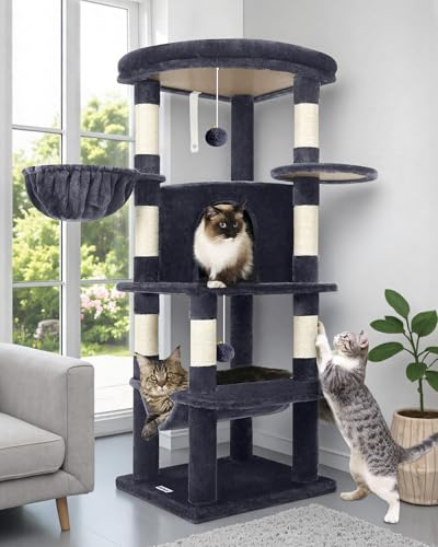 Globlazer Kratzbaum Große, Kratzbaum Stabil Passform Ecke mit Groß Katzenhaus 90° Sektor Gepolsterte Plattform Hängematte Weich Korb, Katzenbaum hoch 130 cm für Mehrere Groß Katzen (C51, Dunkelgrau)