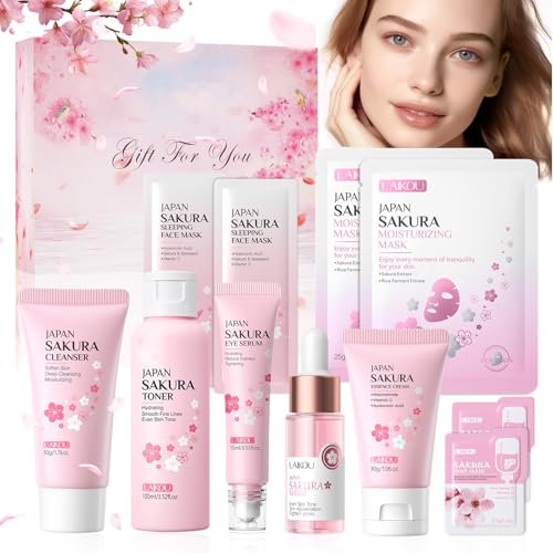 Kit Skincare Viso Completo 11 Pezzi, Sakura Skin Care Set con Tonico, Detergente, Crema Viso, Siero Occhi, Maschera Notturna & Maschera Argilla, Idratante Antietà