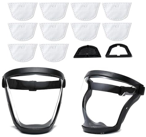 2 Artículos Protector facial completo, protector facial de seguridad con 10 piezas de filtro, Mascarilla protectora facial transparente antivaho con banda ajustable,equipo de protección de seguridad