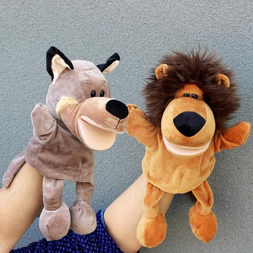 XSQD 2 Pièces Marionnettes à Main Lion Et De Grand Loup Gris, Marionnette L'adulte Raconte une Histoire, Bouche Ouverte Mobile, Marionnette Spectacle Ventriloque d'animal, Pour les Performance Props