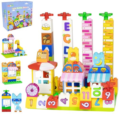Mirthben 103 Teile Große Bausteine in 13 Farben und 23 Formen, Bedruckten Steine mit Tiere, Türen, Fenstern, Bauplatte & Zubehör kompatibel mit Duplo Steine und Geschenk-Set für Kinder ab 3 Jahren