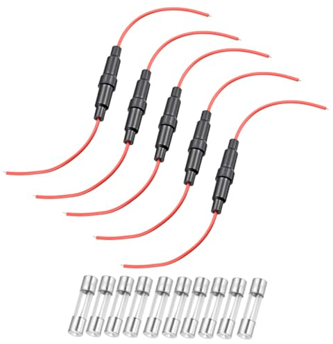 sourcing map 5Pcs 6x30mm Fuse Holder 22 AWG Wire with 10Pcs 15A Fuses | Inline Screw Type Fuse Holder ,Red Wire,Fast Blow Glass Fuses