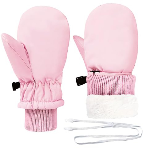 DIPZO Toddler Winter Gloves for Girls Boys, Kids Snow Mittens with Warm Fleece Lining, Adjustable Wristband, Windproof Thermal Ski Gloves for Outdoor, Pink, Ages 6M-2 Years